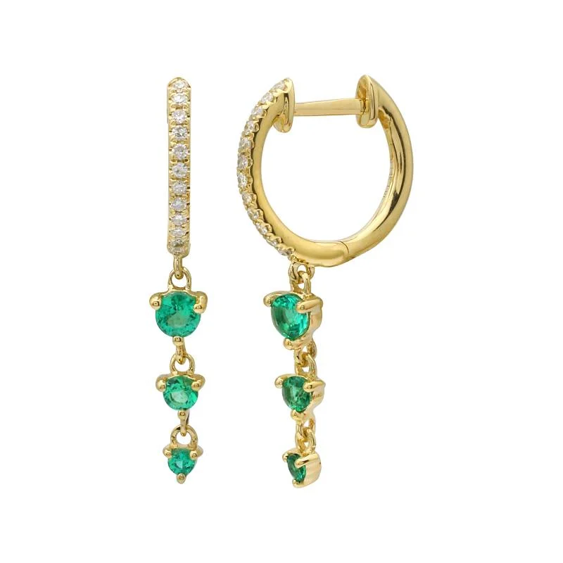 Stunning Long Earrings For Evening Parties-14k Yellow Gold Diamond and Emerald Dangle Huggie Hoop Earrings