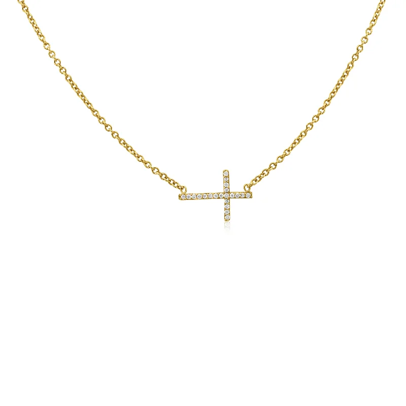 Custom Message Pendant Necklaces For Gifts-14k Yellow Gold Diamond Sideway Cross Necklace