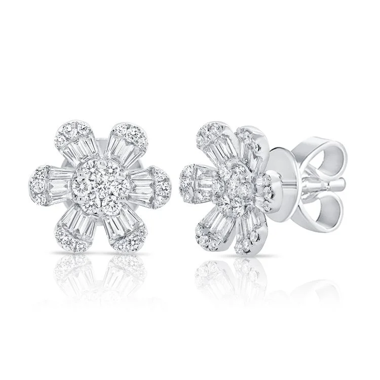 Statement Earrings For Special Events-14K White Gold Diamond Baguette Flower Stud Earrings