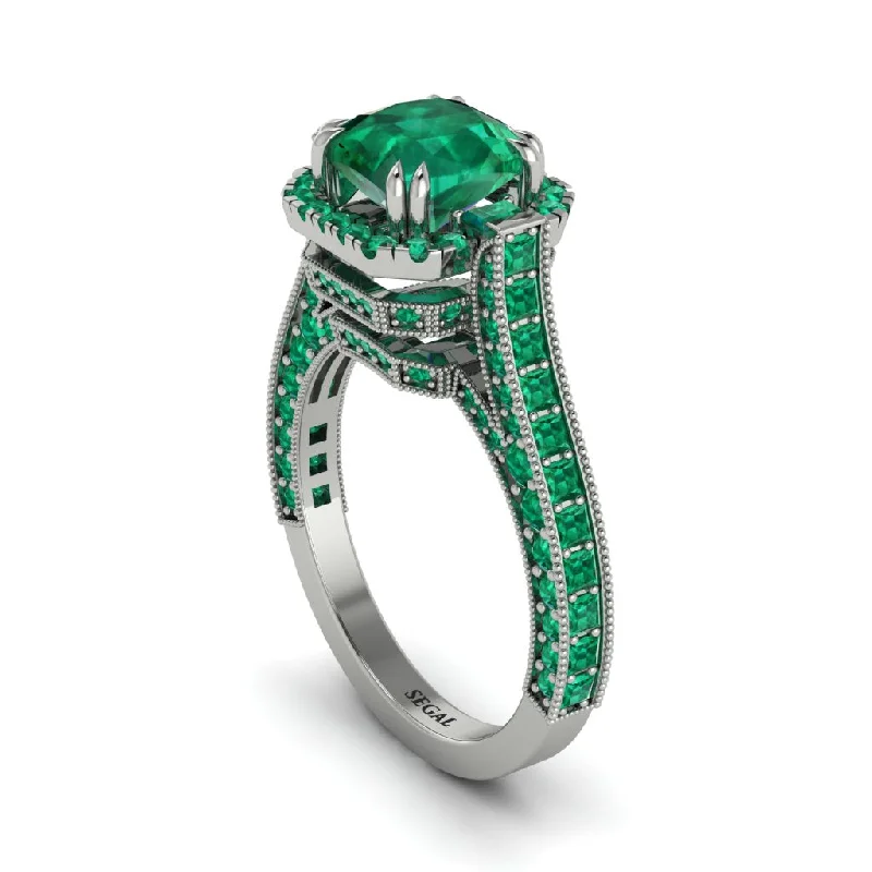 Customizable Couple Rings For Romantic Gifts-Emerald Three Halo Milgrain Engagement Ring - Mira No. 21