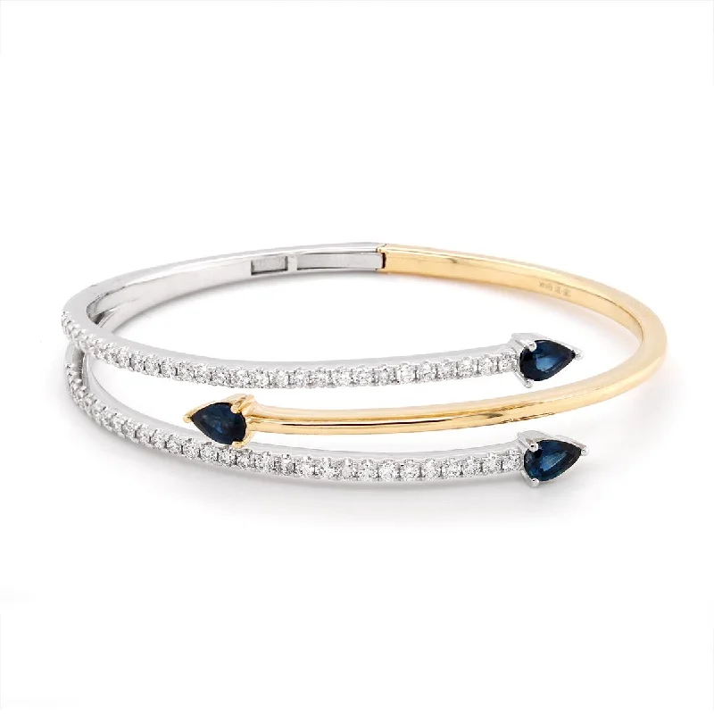 Bangles For Cocktail Parties-TWO-TONE GOLD BANGLE BRACELET WITH PEAR SAPPHIRES AND ROUND DIAMONDS, 1.30 CT TW