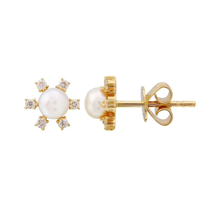 Handcrafted Wooden Earrings For Natural Style-14k Yellow Gold Diamond and Pearl Stud Earrings