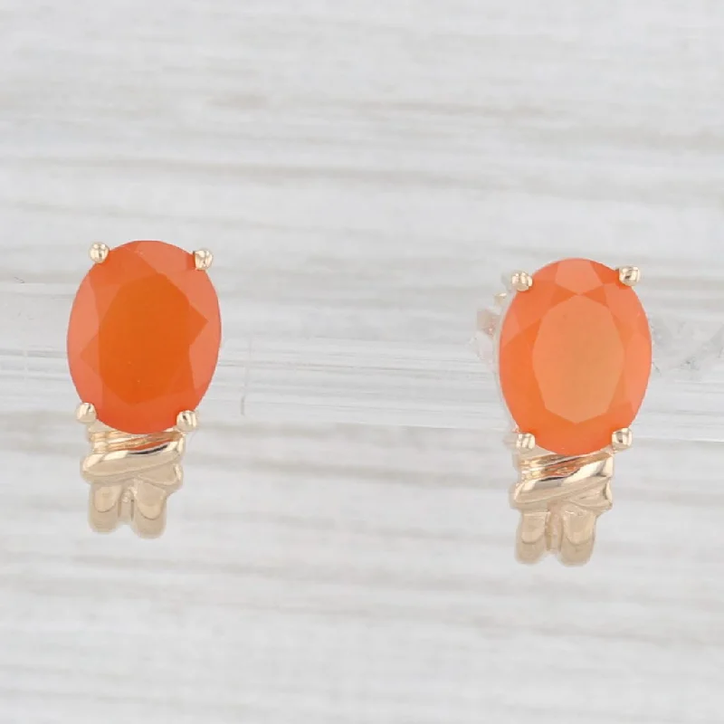 Custom Earrings For Personalized Gifts-3.10ctw Orange Chalcedony Earrings 10k Yellow Gold J-Hook Studs