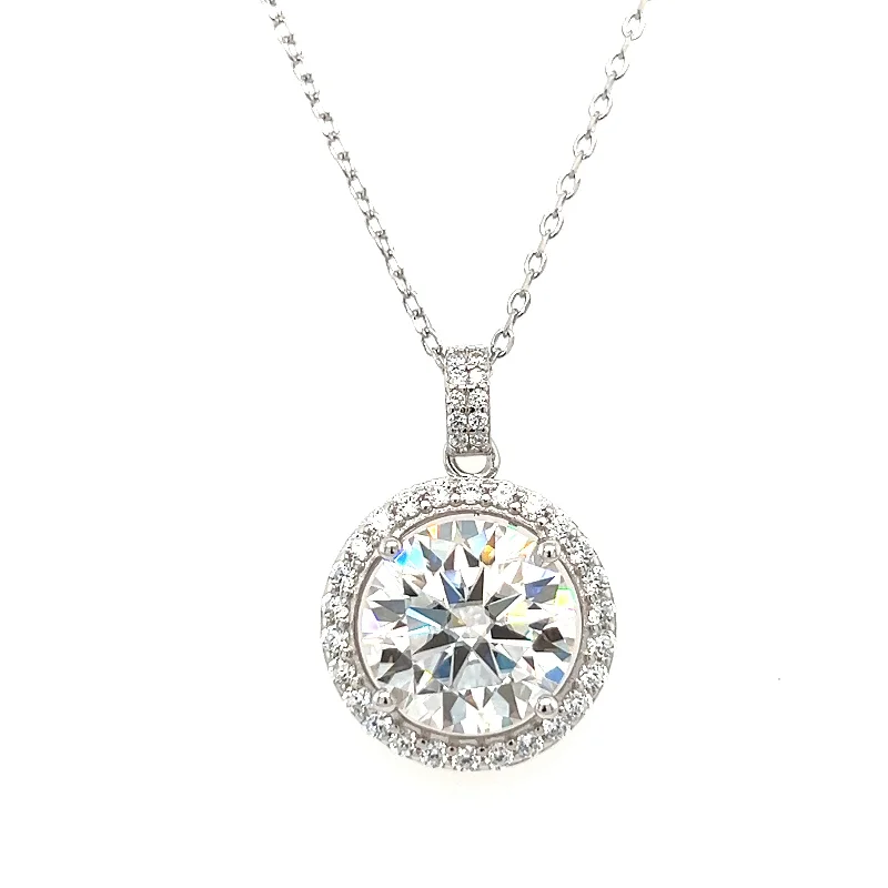 Custom Charm Chain Necklaces For Personalized Gifts-Sterling Silver Round Brilliant Lab Created Moissanite & Cubic Zirconia Halo Necklace