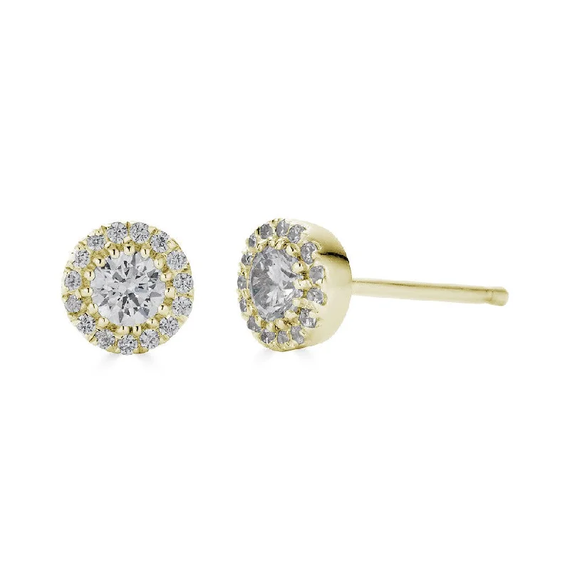 Elegant Swarovski Earrings For Evening Wear-14K Yellow Gold Diamond Halo Solitaire Stud Earrings