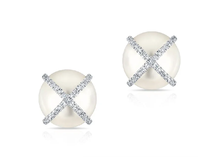 Pearl Earrings For Special Occasions-14K White Gold Diamond X + Pearl Earrings