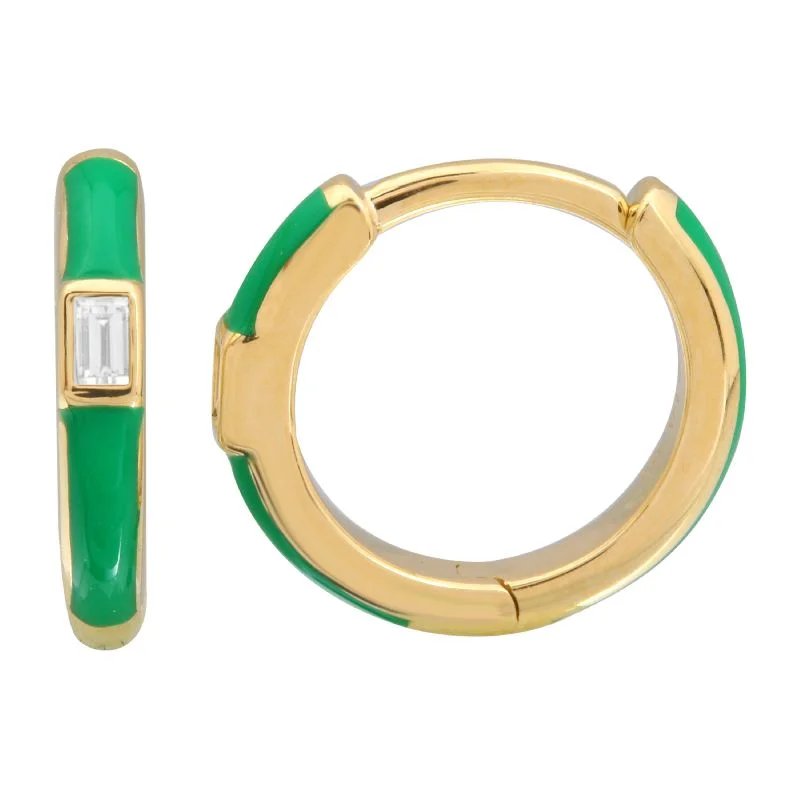 Sparkling Diamond Earrings For Weddings-14k Yellow Gold Green Enamel & Diamond Huggie Earrings