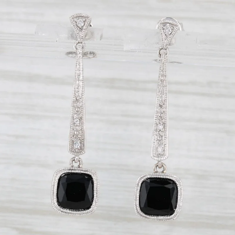 Handcrafted Earrings For Bohemian Style-2.35ctw Onyx Diamond Journey Dangle Earrings 10k White Gold Drops