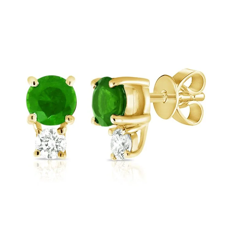 Chic Boho Earrings For Festivals-14K Yellow Gold Diamond and Emerald Stud Earrings