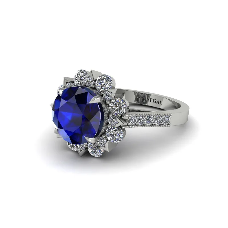 Custom Gemstone Rings For Personalized Jewelry-Sapphire Halo Sunburst Engagement Ring - Winter No. 15