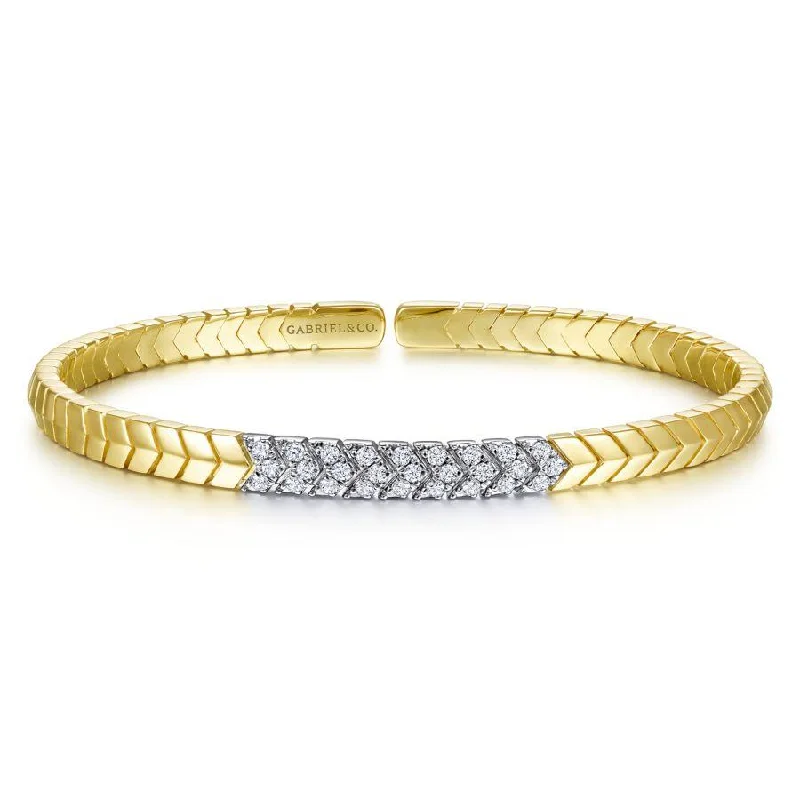 Bracelets For Party Fashion-Gabriel & Co. - BG4383-65M45JJ - 14K Yellow Gold Chevron Cuff Bracelet with White Gold Diamond Pavâ€š Station