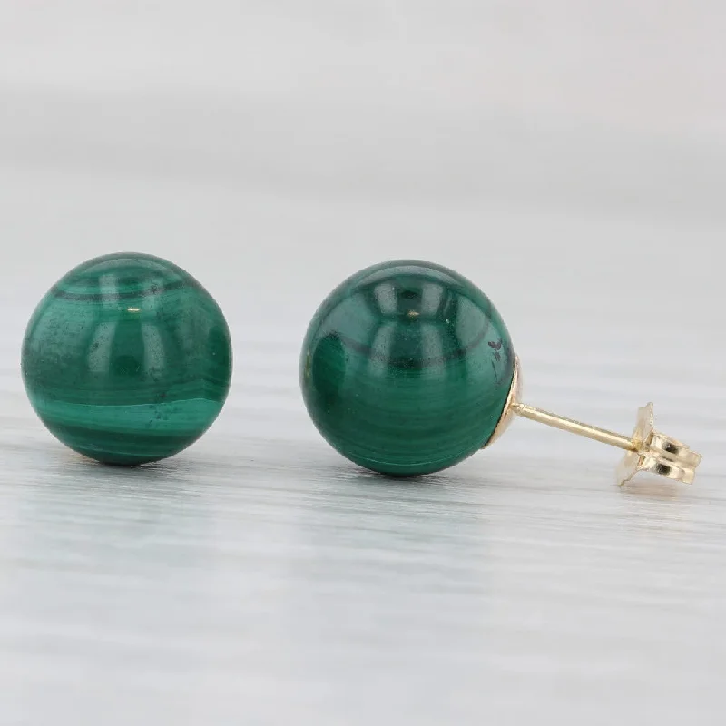 Trendy Drop Earrings For Formal Occasions-Vintage Green Malachite Stud Earrings 14k Yellow Gold Round Bead Studs