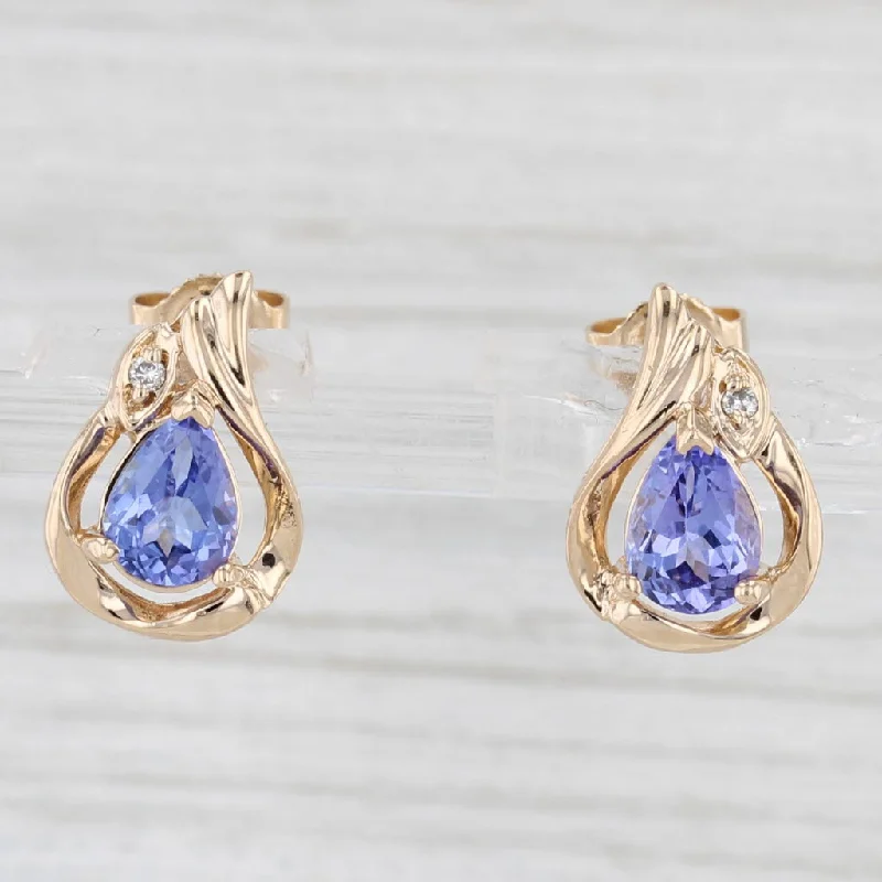 Fashion Gold Earrings For Stylish Women-1.20ctw Tanzanite Teardrop Stud Earrings 14k Yellow Gold Diamond Accents