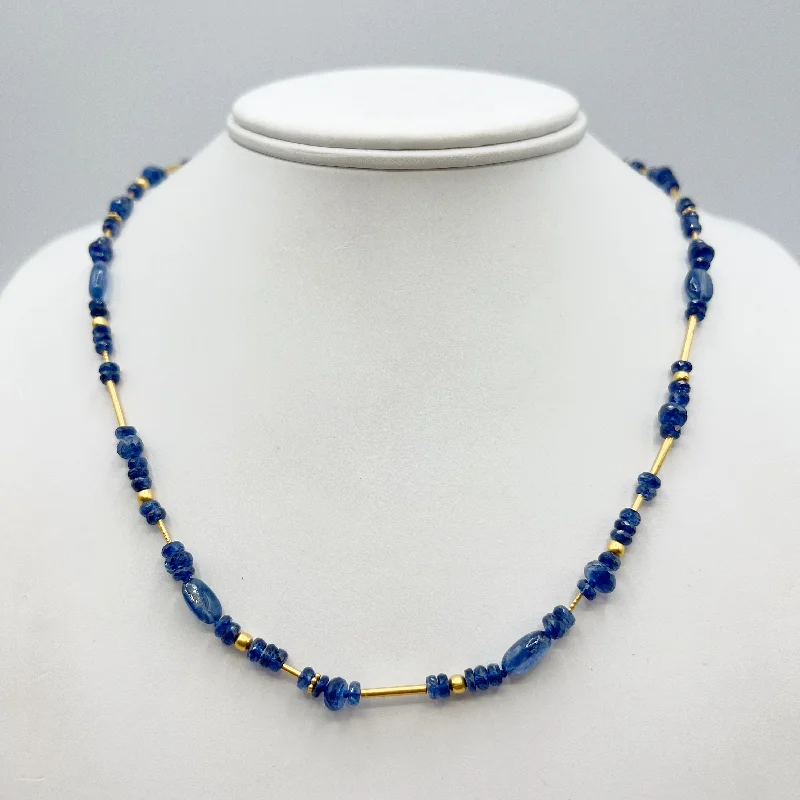 Bold Gold Necklaces For Fashionistas-Twilight Blue Kyanite and Gold Beads