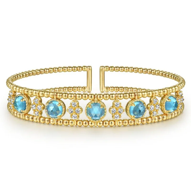 Bracelets With Delicate Designs-Gabriel & Co. - BG4614-62Y45BT - 14K Yellow Gold Bujukan Bead Cuff Bracelet with Inner Diamond Cluster and  Blue Topaz Connectors.