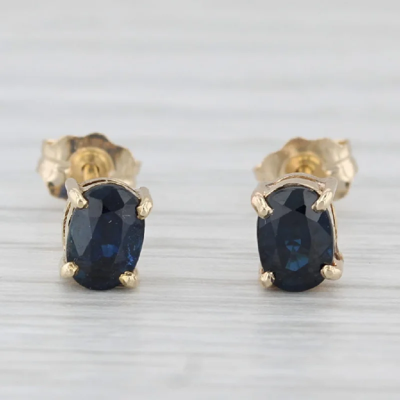 Stunning Drop Earrings For Evening Wear-1ctw Blue Sapphire Stud Earrings 14k Yellow Gold Oval Solitaire Studs