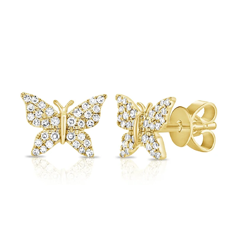 Elegant Drop Earrings For Weddings-14K Yellow Gold Diamond Pave Butterfly Stud Earrings