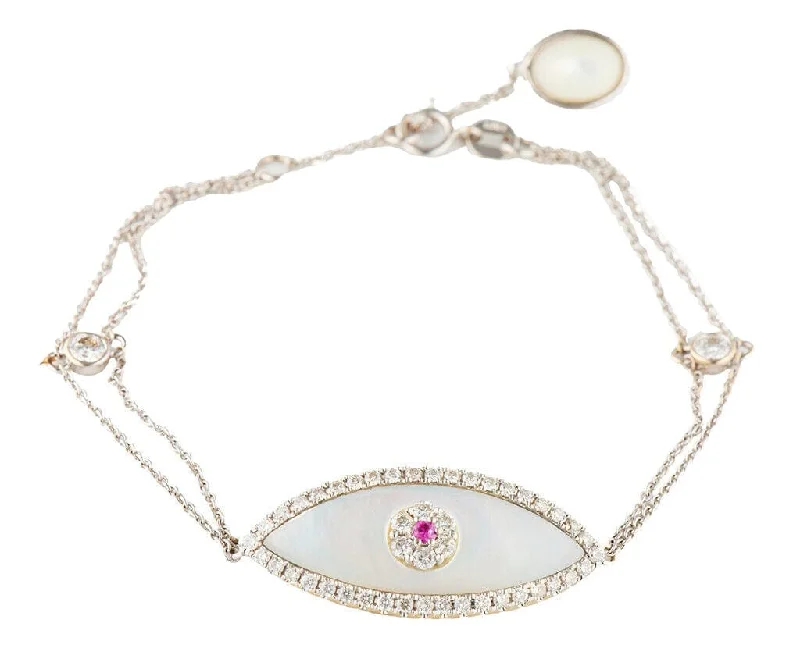 Bracelets With Artistic Features-1.00ctw Diamond Mother of Pearl and Ruby Evil Eye Bracelet in 14K