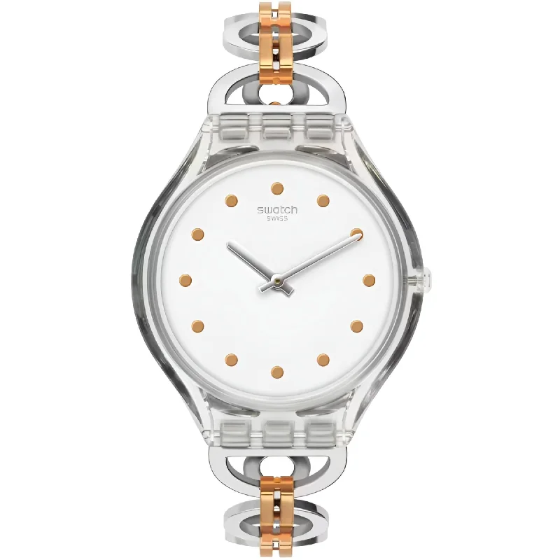 Watches With Vibrant Hues-Swatch Women's Watch - Skin Skinring Quartz White Dial Two Tone Bracelet | SVOK102G