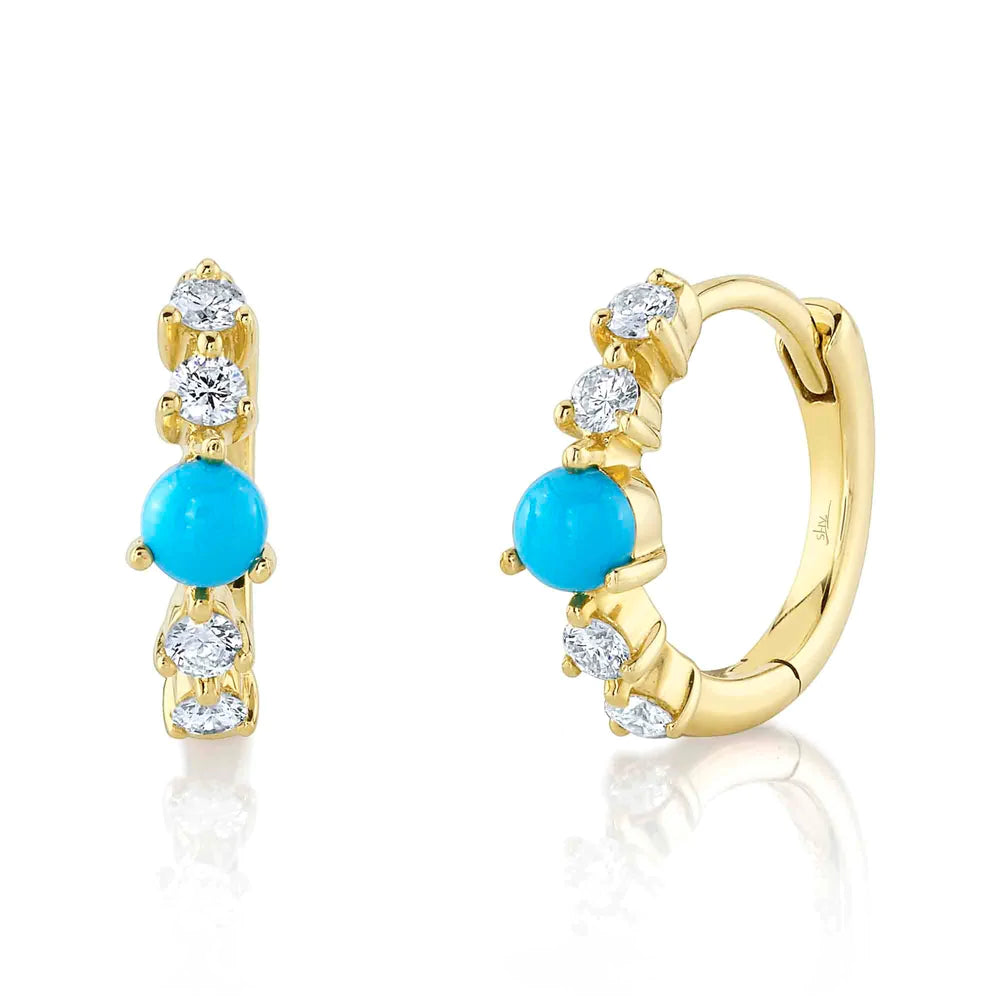 Double Hoop Earrings For Trendy Looks-14K Yellow Gold Diamond and Turquoise Huggie Earrings