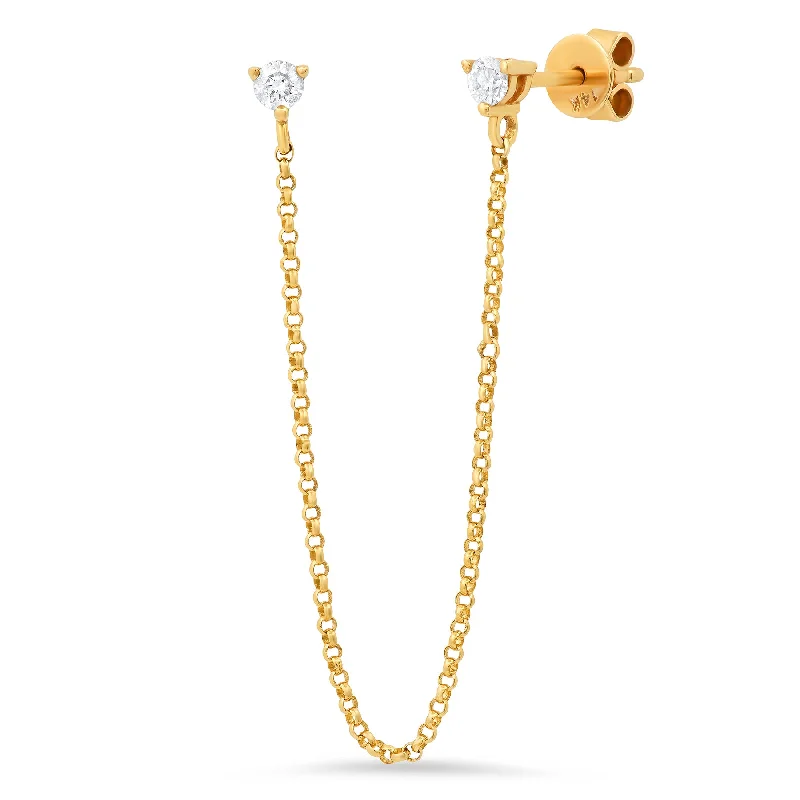 Colorful Earrings For Playful Fashion-ONE EAR DOUBLE TROUBLE CHAIN DIAMOND STUDS, 14kt GOLD