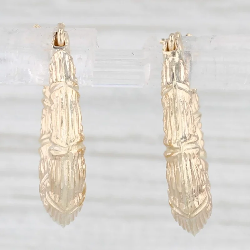 Trendy Silver Earrings For Bold Looks-Ornate Bamboo Etched Hoop Earrings 10k Yellow Gold Snap Top Round Hoops