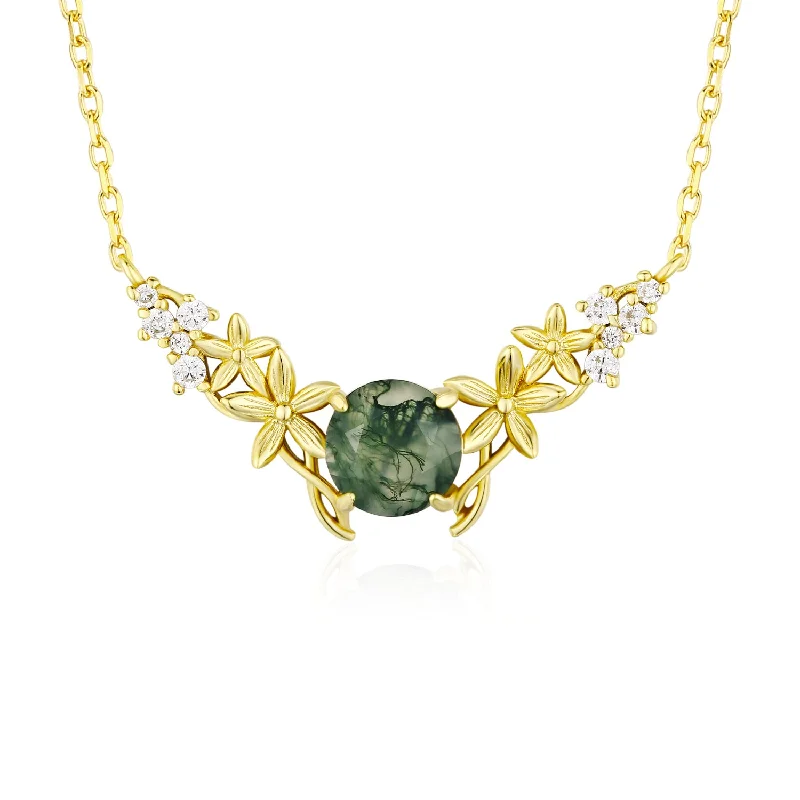 Personalized Long Necklaces For Custom Gifts-Silver Leaf Moss Agate Necklace (Yellow Gold)