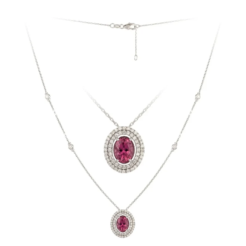 Statement Bar Necklaces For Bold Looks-White Gold Oval Pink Tourmaline and Diamond Necklace