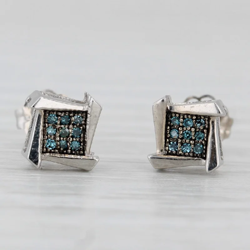 Large Acrylic Earrings For Bold Statements-Blue Diamond Square Stud Earrings 14k White Gold