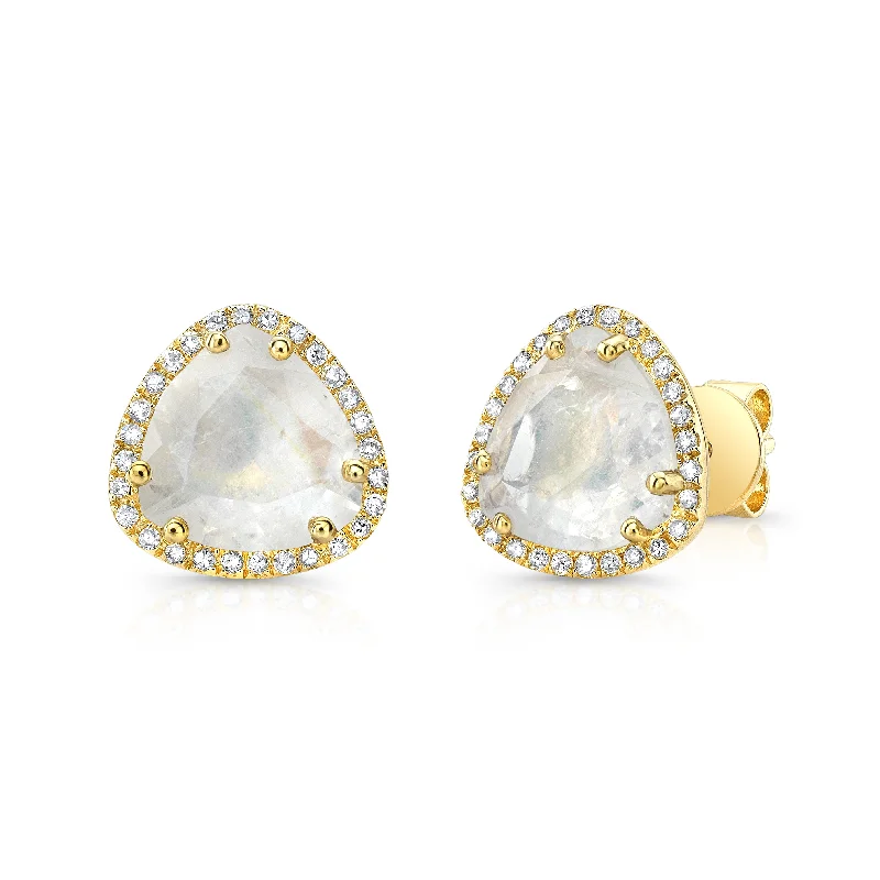 Customized Earrings For Personalized Jewelry-14K Yellow Gold Diamond + Moonstone Trillion Stud Earrings