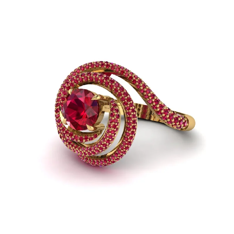 Personalized Stackable Rings For Trendy Brides-Ruby Double Halo Swirling Engagement Ring - Serena No. 55