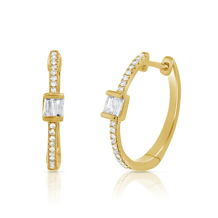 Modern Pearl Earrings For Unique Looks-14K Yellow Gold Round and Baguette Diamond Hoop Earrings