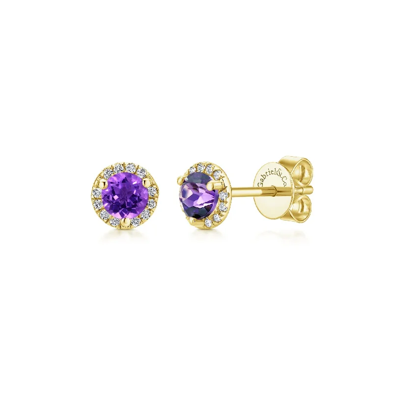 Custom Name Earrings For Personalized Gifts-14K Yellow Gold Diamond and Amethyst Stud Earrings