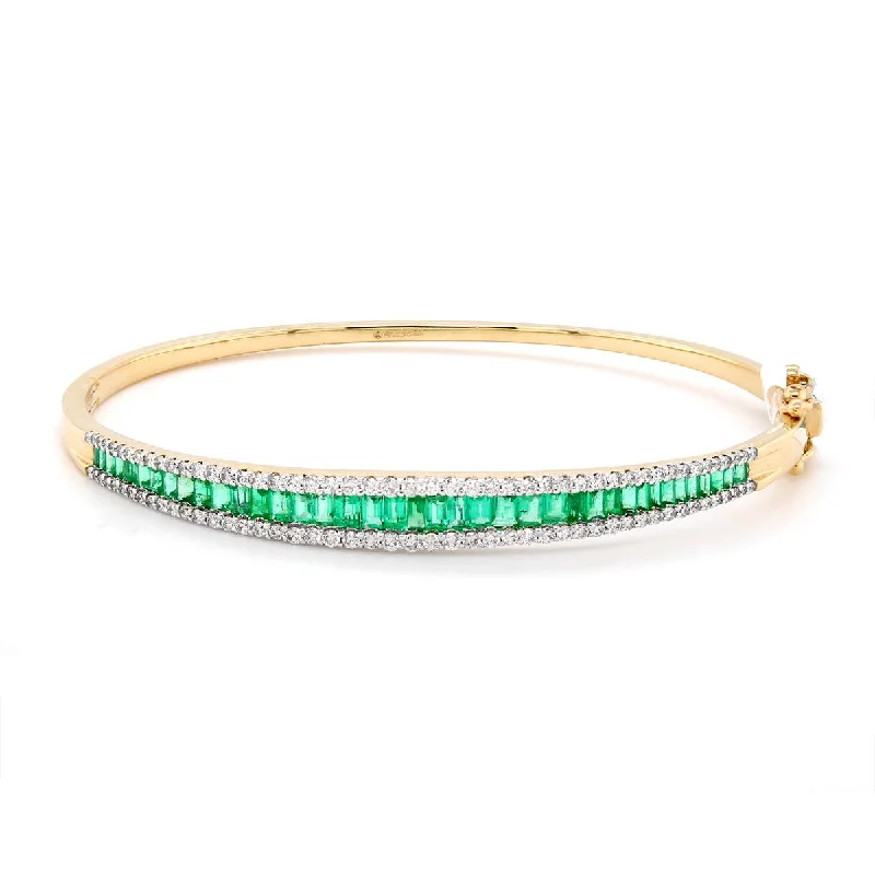 Bangles With Flexible Fit-YELLOW GOLD BANGLE BRACELET WITH BAGUETTE EMERALDS AND DIAMONDS, .78 CT TW