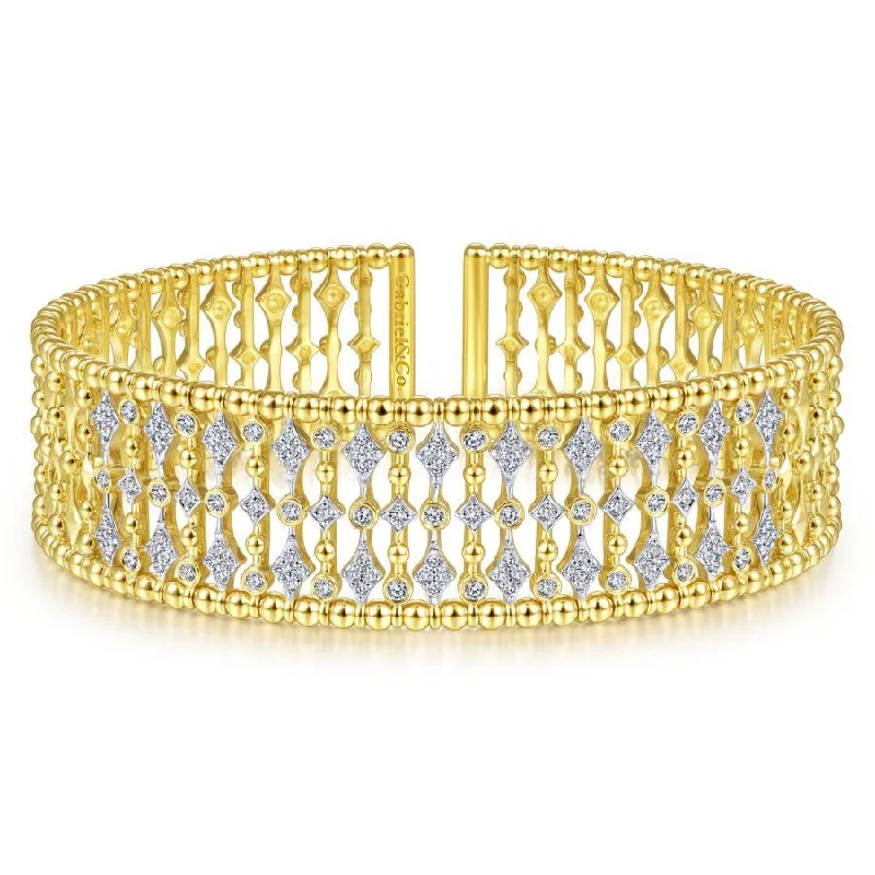 Bracelets With Sapphire Stones-Gabriel & Co. - BG4334-62Y45JJ - Wide 14K Yellow Gold Cage Cuff Bracelet with Diamond Stations