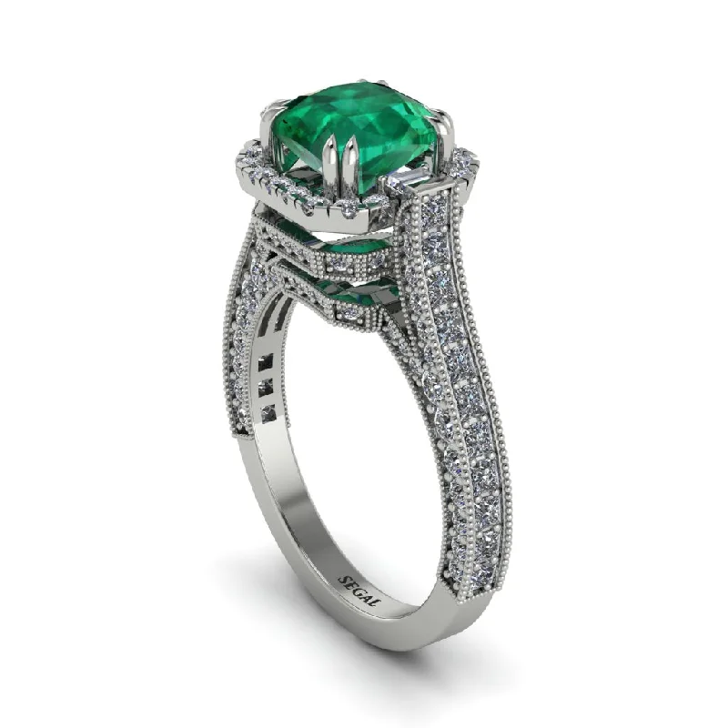 Beautiful Birthstone Rings For Personalized Gifts-Emerald Three Halo Milgrain Engagement Ring - Mira No. 6