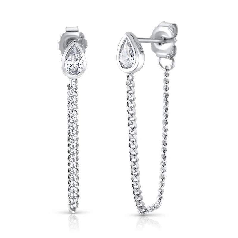 Statement Earrings For Holiday Fashion-TEARDROP CHAIN EARRINGS, SILVER