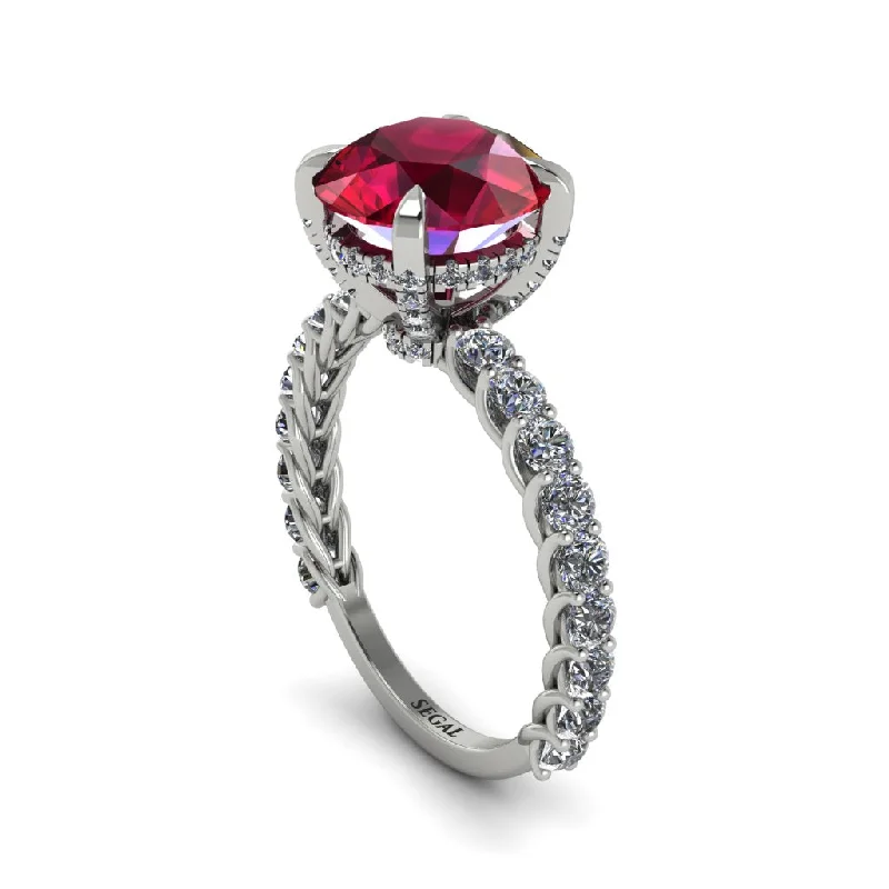 Personalized Cocktail Rings For Fashionistas-Ruby Twisted Band Halo Engagement Ring - Avianna No. 12