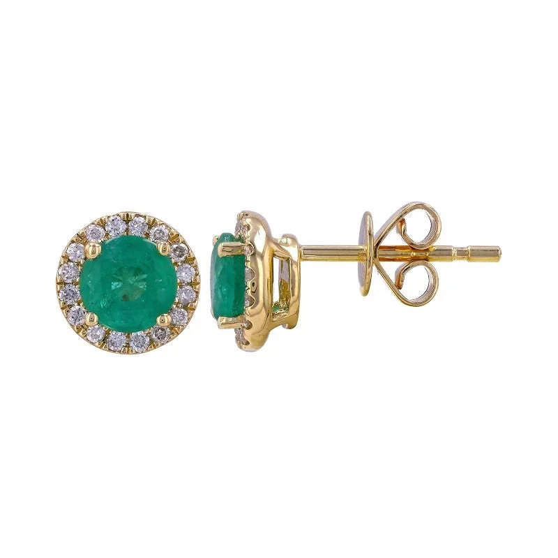 Floral Earrings For Spring Fashion-14K Yellow Gold Round Emerald with Diamond Halo Stud Earrings