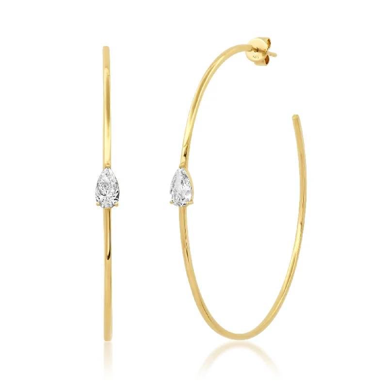 Fancy Earrings For Evening Parties-PEAR SUPER SOLITAIRE DIAMOND HOOPS, 14kt GOLD