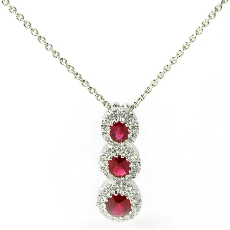 Unique Gold Pendant Necklaces For Fashion Statements-Ruby & Diamond Oval Halo Three Stone Pendant Necklace