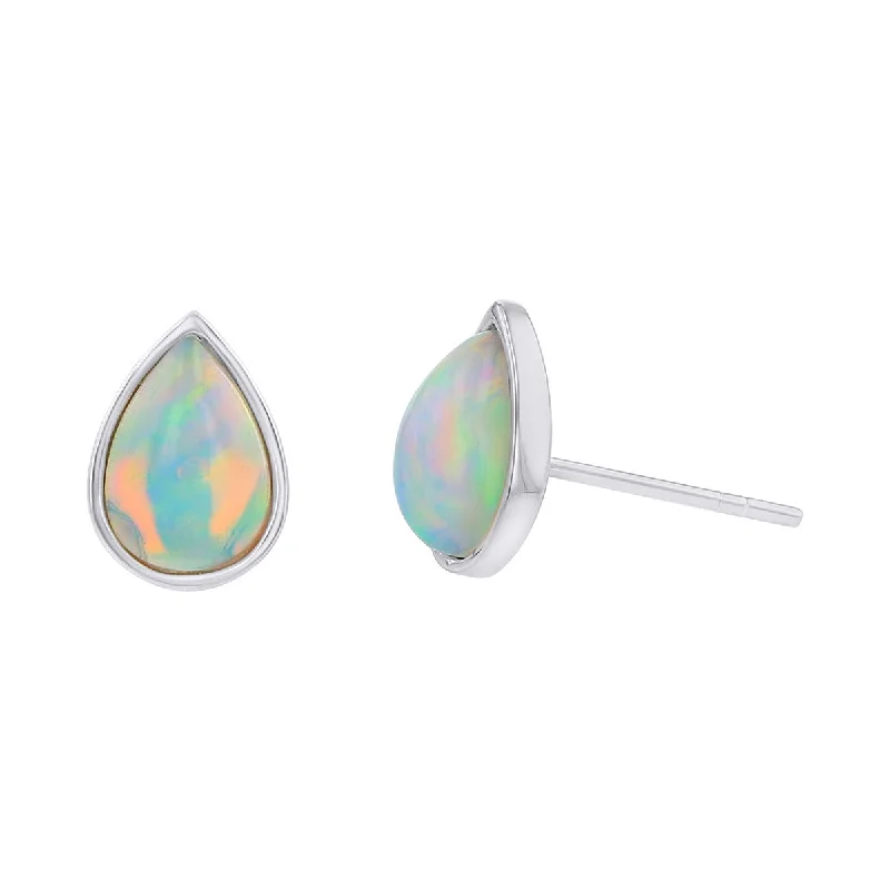 Chic Vintage Earrings For Everyday Wear-14K White Gold Cabochon Opal Stud Earrings