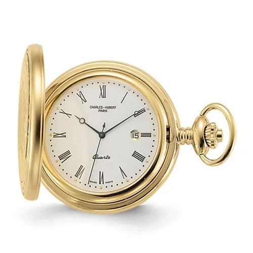 Watches With Charm Elements-Charles Hubert Gold Finish Off-White Dial With Date Pocket Watch