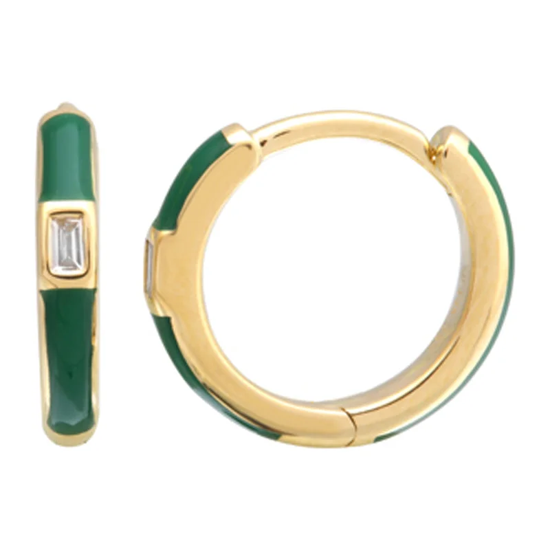 Beautiful Gold Stud Earrings For Brides-14k Yellow Gold Dark Green Enamel & Diamond Huggie Earrings