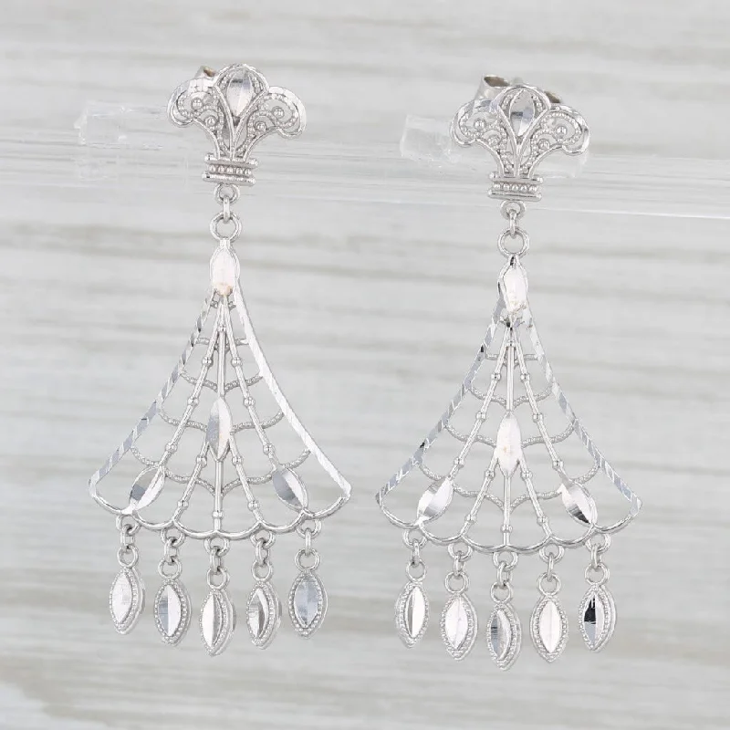 Stylish Hoop Earrings For Casual Looks-Webbed Filigree Fringe Dangle Earrings 14k White Gold Pierced Drops