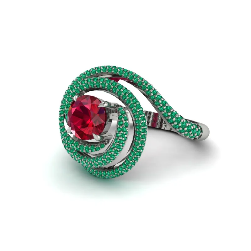 Custom Birthstone Wedding Rings For Brides-Ruby Double Halo Swirling Engagement Ring - Serena No. 27