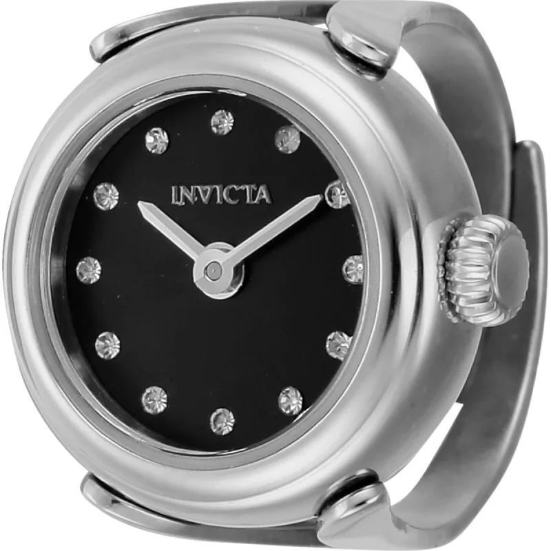 Watches For Layering Looks-Invicta Women's Quartz Watch Ring - Mini Angel Black Dial Stainless Steel Case | 44481