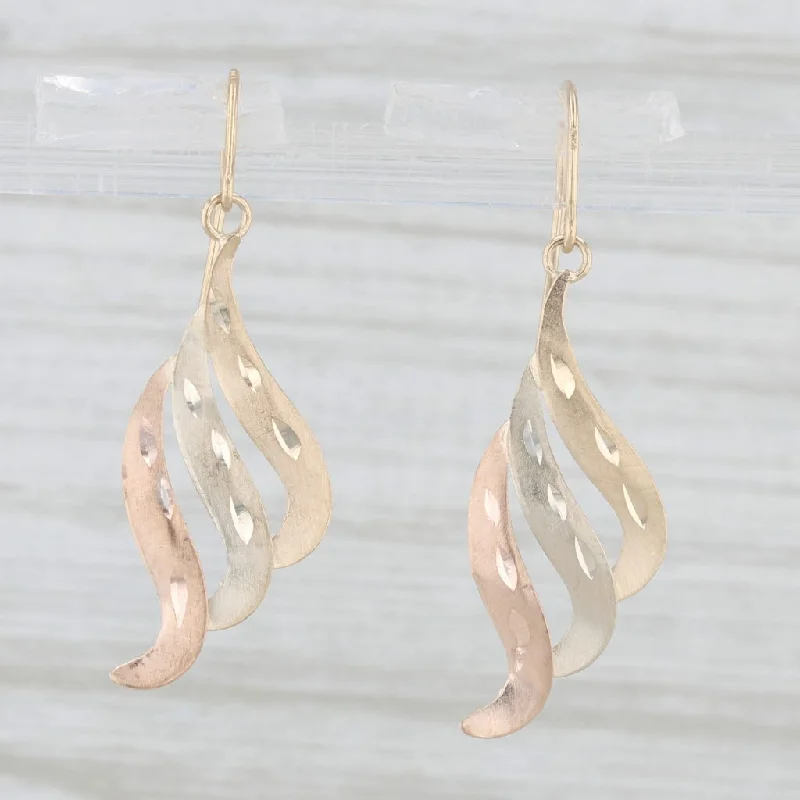 Trendy Resin Drop Earrings For Fashion Lovers-Tri-toned Wing Dangle Earrings 14k Yellow White Rose Gold Hook Posts