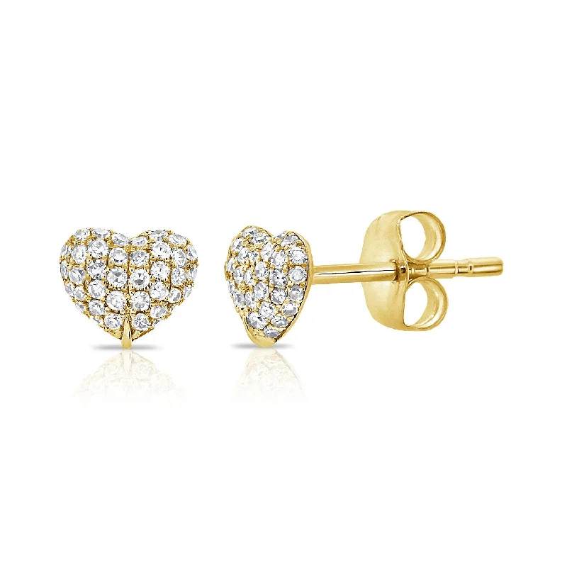 Handmade Earrings For Women-14K Yellow Gold Diamond Puffy Heart Stud Earrings