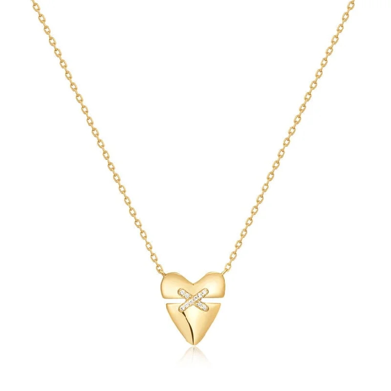 Silver Heart Pendant Necklaces For Romantic Gifts-Gold Heart Kiss Pave Necklace